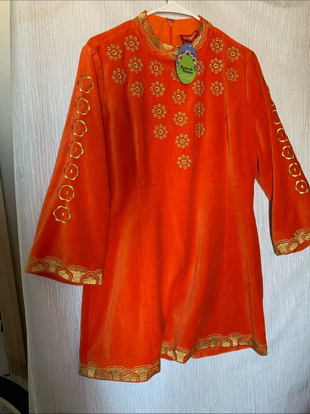 Hippie Shake- Vibrant Orange Velvet Tunic with Gold Embroidery - Picture 1 of 5